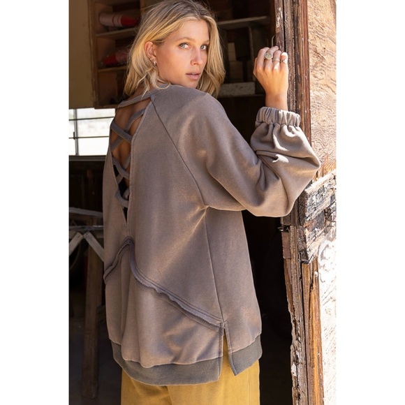 POL Vintage Charcoal Criss Cross Back Slouchy French Terry Pullover - Picture 7 of 13